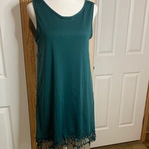 TASSEL Green Sleeveless Tank Dress Crochet Design on Back Tassel Fringe Trim